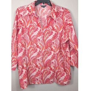 Lands'‎ End Women's 26W Pink Paisley 3/4 Sleeve Button Down Shirt Blouse